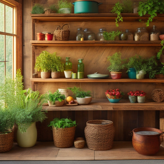 A rustic kitchen with bamboo shelves displaying vibrant potted herbs, woven baskets for fruits, and glass jars filled with grains, all set against a backdrop of reclaimed wood countertops and greenery.