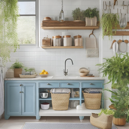 A cozy kitchen scene showcasing a stylish under-sink storage solution with clear bins, bamboo organizers, and hanging hooks, surrounded by potted herbs and colorful dish towels, highlighting a blend of functionality and aesthetic charm.