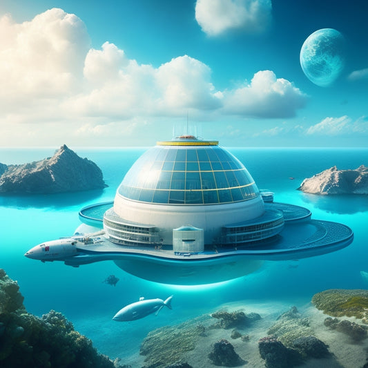 A futuristic, sprawling oceanic research facility with sleek, angular architecture, surrounded by docked submersibles, with a massive, circular, state-of-the-art underwater observatory in the center.