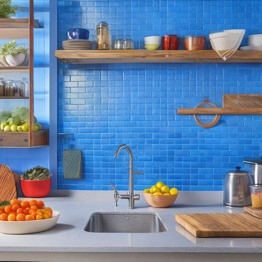 A spacious kitchen featuring a sleek, high-capacity magnetic knife rack mounted on a vibrant tile backsplash, showcasing a variety of knives, alongside bustling family activity and colorful culinary ingredients scattered on a large countertop.