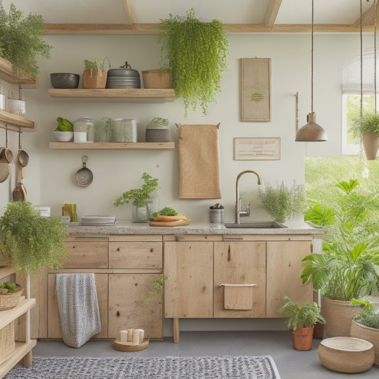 A tidy kitchen with a prominent island, featuring a wooden utensil organizer, a pegboard with hanging baskets, and a few framed printables on the wall, surrounded by fresh greenery and a few cookbooks.