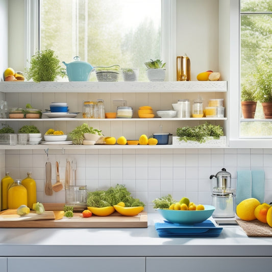 A modern kitchen featuring sleek foldable shelves with a stylish built-in dish drainer, adorned with neatly arranged dishes, vibrant kitchen utensils, and a sunlit window illuminating fresh herbs and colorful fruits.
