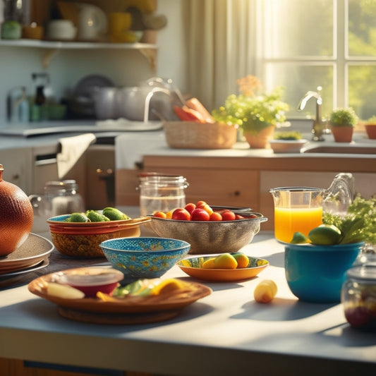A spacious kitchen scene featuring a sleek, modern expandable dish drainer overflowing with various colorful dishes, pots, and utensils. Sunlight streams through a window, illuminating the organized chaos of family life.