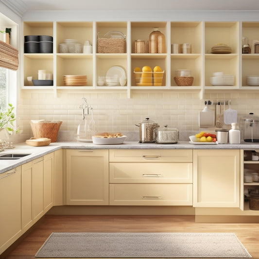 A tidy kitchen with cream-colored countertops, featuring a mix of sleek, modern bins in various sizes and shapes, placed strategically to store utensils, spices, and cooking essentials.
