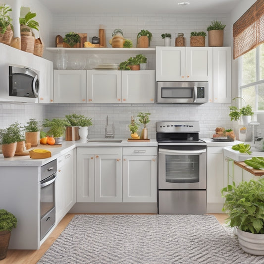 A bright, modern, compact kitchen with sleek white cabinets, a small island, and a stainless steel refrigerator, showcasing organized utensils, cookware, and a few well-placed potted plants.