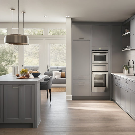 A modern kitchen with sleek, handleless cabinets in a calming gray tone, featuring a central island with a built-in cooktop, ample counter space, and a walk-in pantry behind a sliding glass door.