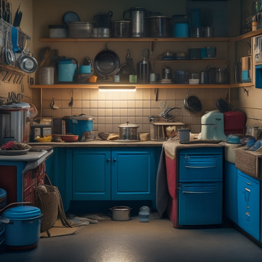 A dimly lit, cluttered kitchen appliance garage with a slightly ajar door, revealing a messy tangle of cords, dusty containers, and forgotten gadgets, with a few curious eyes peeking out from the shadows.
