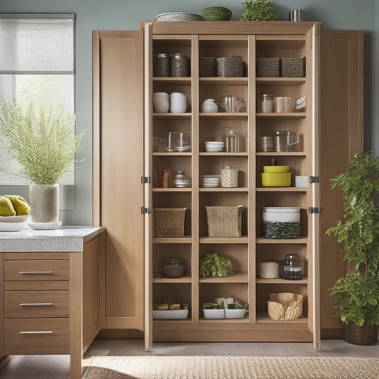 A stylish freestanding pantry unit with sleek wooden cabinetry, featuring multiple pull-out drawers, arranged in a modern kitchen setting, complemented by soft ambient lighting and fresh herbs on a countertop.