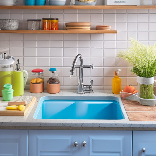 A clutter-free kitchen sink area showcasing a stylish, durable sink organizer with compartments for sponges, brushes, and dish soap, surrounded by vibrant kitchen utensils and a glimpse of a busy family in the background.