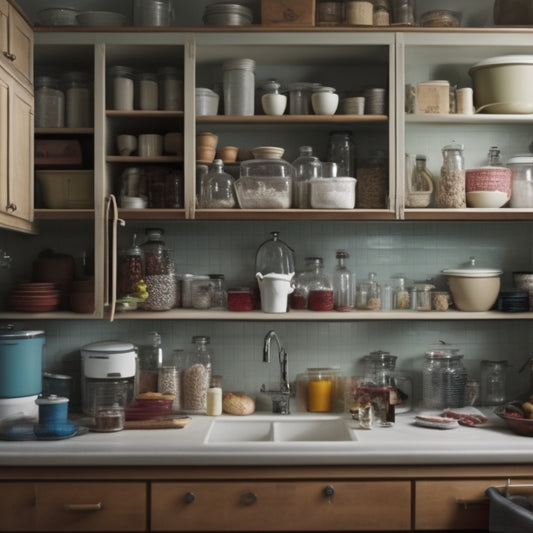 A cluttered kitchen with cabinets featuring large gaps between shelves, unused corners, and mismatched containers, contrasted with a few organized, space-efficient cabinets in the background.