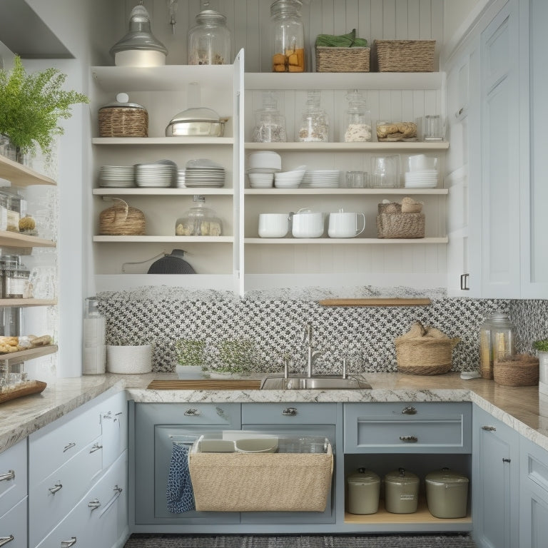 A tidy kitchen with a utensil organizer attached to a wall, a pull-out pantry with labeled baskets, and a countertop with a utensil holder and a small appliance storage area.