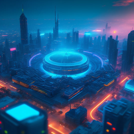 A futuristic, neon-lit cityscape with a glowing, ethereal hub at its center, surrounded by fragmented code, scattered gears, and faint, ominous warning signs.