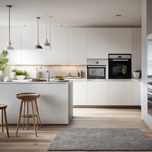 A minimalist, modern kitchen with sleek white cabinets, warm wooden floors, and a large island, surrounded by a blurred background of a cozy living room, with a laptop open on the counter.