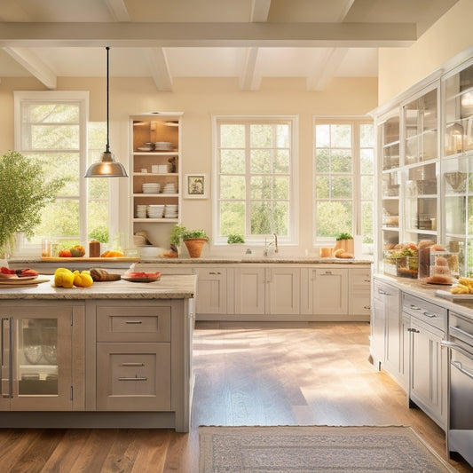 An open-plan kitchen with warm, natural light pouring in through large windows, featuring a central island with a lowered counter, roll-out shelves, and a walk-in pantry with easy-grip handles.