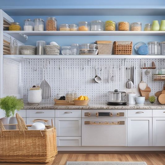 A clutter-free kitchen cabinet with pull-out shelves, baskets, and dividers, featuring a utensil organizer, spice rack, and a few strategically placed hooks, all in a bright and airy atmosphere.