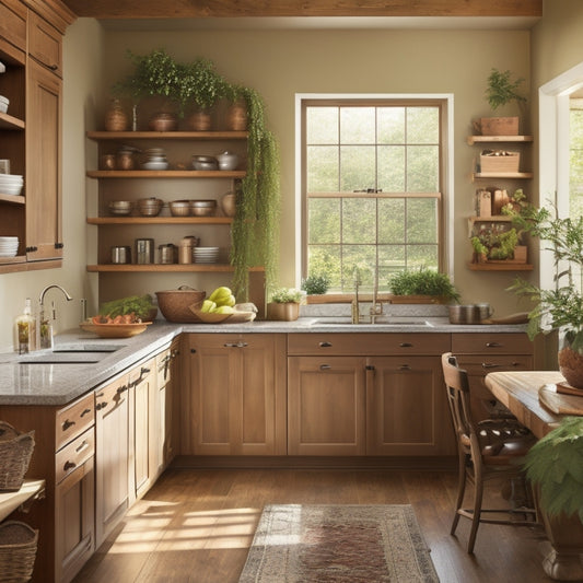 A warm and inviting kitchen with a mix of light and dark wood tones, featuring a walk-in pantry, roll-out shelves, and a sink with lever handles, set against a backdrop of natural light and lush greenery.