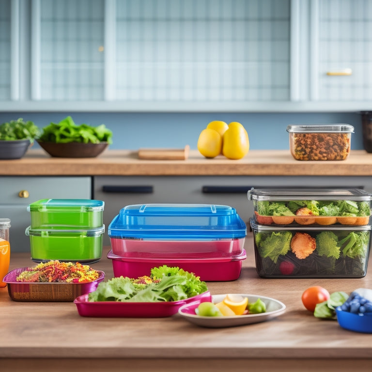 A tidy kitchen counter with 5-7 assorted meal prep containers in various sizes, arranged in a visually appealing way, with some containers stacked and others placed horizontally, surrounded by fresh ingredients.