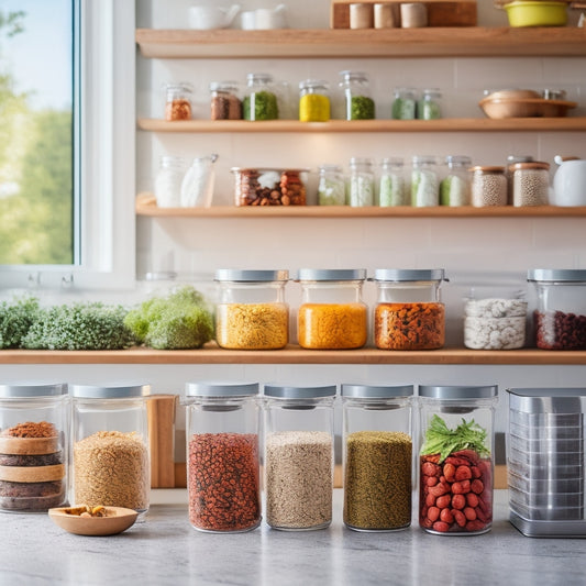 A beautifully organized kitchen countertop featuring a set of sleek, transparent stackable containers, filled with colorful spices, grains, and snacks, surrounded by fresh herbs and minimalistic kitchen tools, all bathed in warm, natural light.