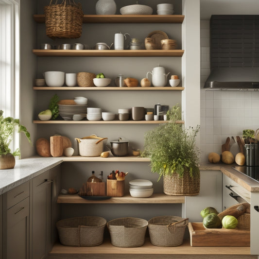 A serene, well-lit kitchen with sleek, minimalist cabinetry, featuring a utensil organizer with neatly arranged vegan cookbooks, a tiered spice rack, and a woven basket storing fresh produce.
