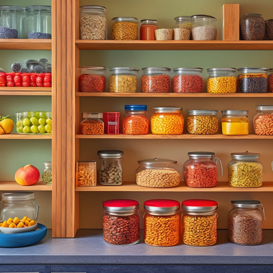 A well-organized lazy Susan cabinet with tiered shelves, colorful spice jars, neatly stacked containers, and vibrant fruits, all arranged harmoniously. Soft lighting highlighting the textures and colors, creating a warm, inviting atmosphere.