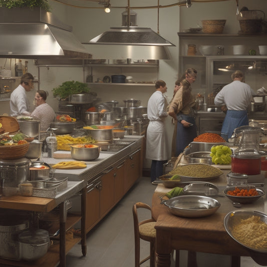 A bustling kitchen with a chef efficiently preparing a meal, surrounded by organized utensils, labeled spice jars, and a clean workspace, with a subtle background of recipe notes and a timer ticking away.