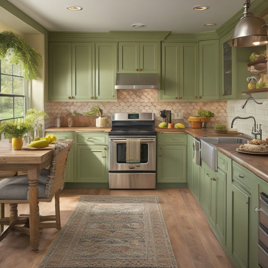 A warm and inviting kitchen with dark cabinets, new quartz countertops, and stainless steel appliances, featuring a large pot of creamy green chile mac on a rustic wooden table, surrounded by vibrant greenery.