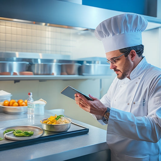 A clean, well-lit commercial kitchen with stainless steel countertops, a chef in a white apron and hat, and a tablet on a counter with a magnifying glass hovering above a food safety checklist.