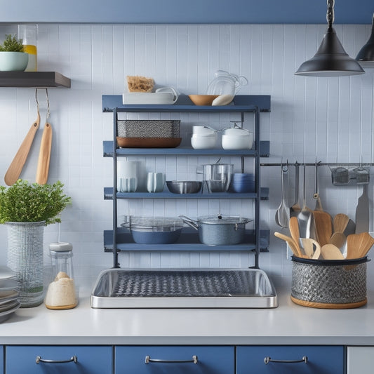 A clutter-free kitchen counter with a utensil organizer, a hanging pot rack, a drawer divider, and a countertop container, each filled with neatly arranged kitchen utensils in a modern kitchen.