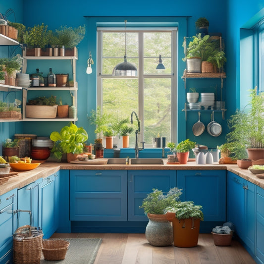 A cozy kitchen showcasing an over-the-door storage rack filled with colorful pots, pans, and utensils, surrounded by herbs in hanging planters, and a bright window illuminating the organized space, evoking a renter-friendly vibe.