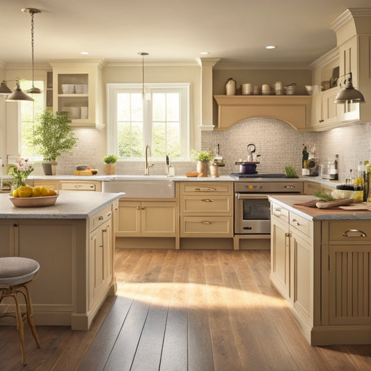 An open-plan kitchen with warm beige cabinets, a large island with a wheelchair-accessible sink, and a cooktop with knobs on the front, surrounded by a hardwood floor and plenty of natural light.
