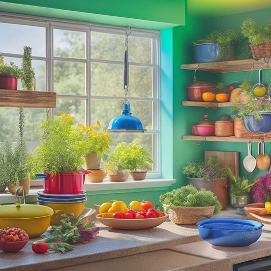 A vibrant kitchen scene showcasing a stylish ceiling pot rack filled with gleaming pots and pans, surrounded by fresh herbs, colorful spices, and bright, natural light streaming through a window.
