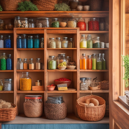 A warm and inviting pantry with vintage wooden shelves, filled with an assortment of colorful glass jars, woven baskets, and ceramic containers, overflowing with fresh herbs, spices, and dried goods.
