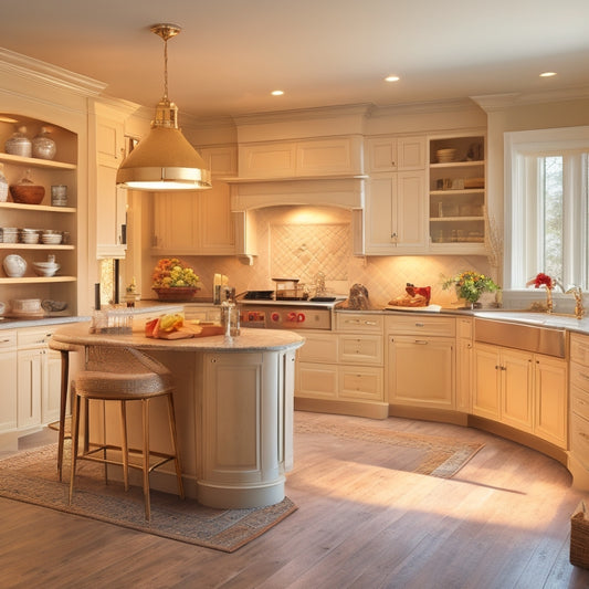 An open-plan kitchen with warm, golden lighting, featuring a curved island with a lowered countertop, a wall of cabinets with pull-out shelves, and a walk-in pantry with a seated workspace.