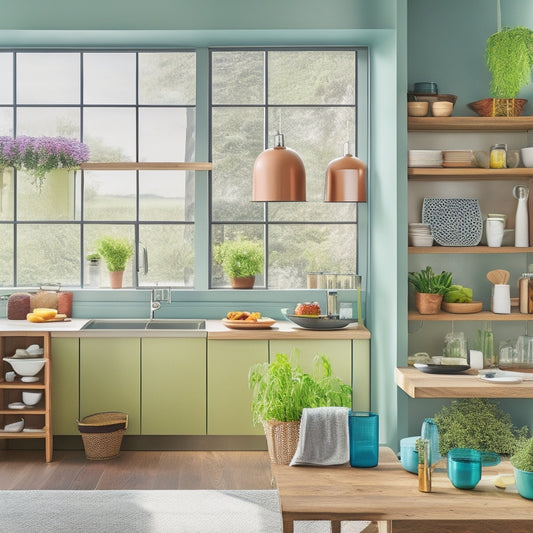 A modern kitchen featuring sleek, foldable shelves with a polished wood finish. Non-slip surfaces highlighted with vibrant kitchenware, fresh herbs, and colorful utensils, all bathed in warm, inviting light from a nearby window.