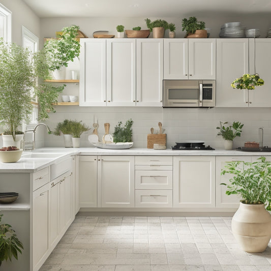 A serene kitchen with a minimalist aesthetic: white cabinets, stainless steel appliances, and a large island with a built-in sink, surrounded by neatly arranged cookbooks and a few potted plants.