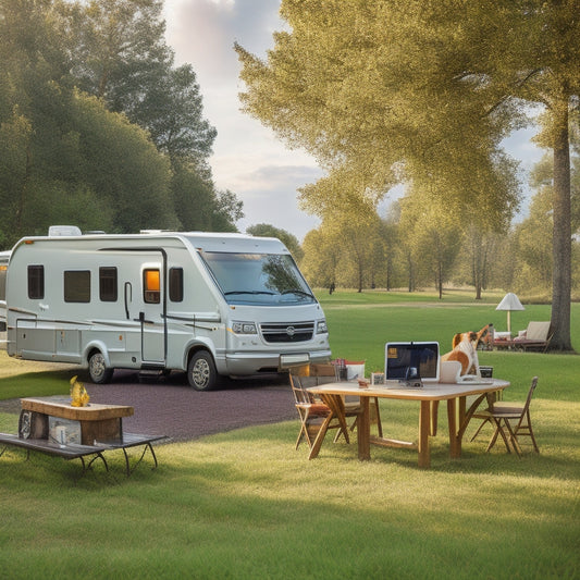 A modern RV parked in a scenic campsite with a laptop and tablet nearby, displaying a user-friendly support portal with diagrams and tutorials on the screens, surrounded by lush greenery and a sunny sky.