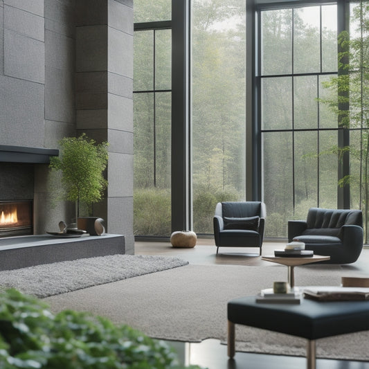 A serene, modern living room with floor-to-ceiling windows, dark hardwood floors, and a sleek, stone-faced fireplace, surrounded by lush greenery, with a subtle, warm lighting atmosphere.