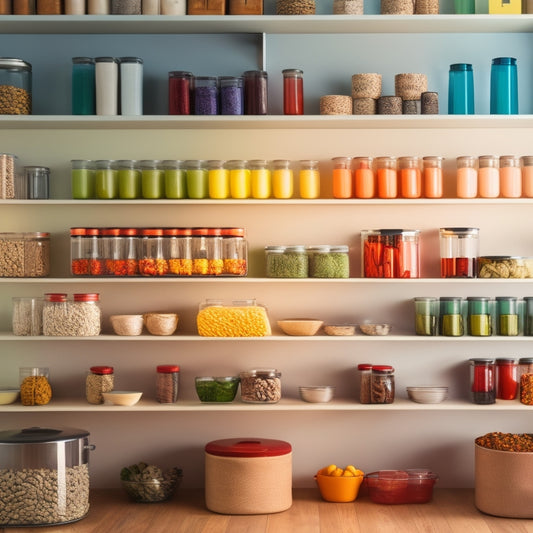 A modern kitchen featuring sleek sliding pantry shelves filled with colorful jars, spices, and neatly stacked containers, illuminated by soft lighting, showcasing built-in organizers and a clean, minimalist design.