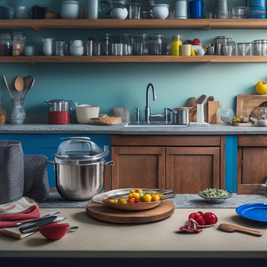 A cluttered kitchen counter with utensils scattered haphazardly, a wheelchair parked in the background, with a few utensils out of reach on high shelves, and a lone, struggling hand trying to grasp a utensil.
