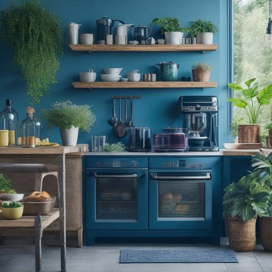 A sleek kitchen scene showcasing sturdy tiered racks supporting various heavy appliances like a stand mixer, blender, and food processor, surrounded by vibrant utensils and decorative plants, under warm, inviting lighting.