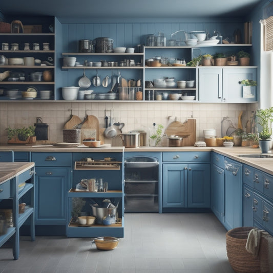 A cluttered kitchen with overflowing countertops, utensils scattered on the floor, and a messy island, contrasted with a sleek, compact storage unit in the corner, with neatly organized shelves and closed drawers.