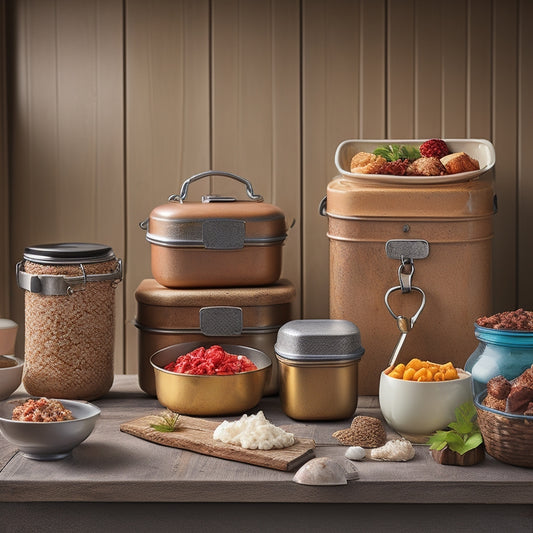 A composition featuring a mix of Lock&Lock containers in various sizes, shapes, and colors, filled with different types of food, arranged artfully on a rustic wooden table against a soft, creamy background.
