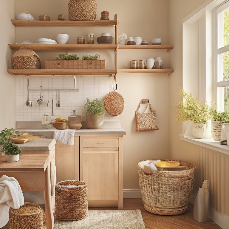 A tidy, L-shaped kitchen corner with a carousel spice rack, a pull-out trash can, and a shelf with stacked, woven baskets, set against a warm, creamy background with soft, natural light.