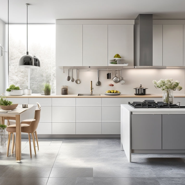 A serene, minimalist kitchen featuring a compact island with built-in shelving, a retractable cooking utensil holder, a slide-out trash can, and a hanging pot rack above, surrounded by sleek, modern appliances.