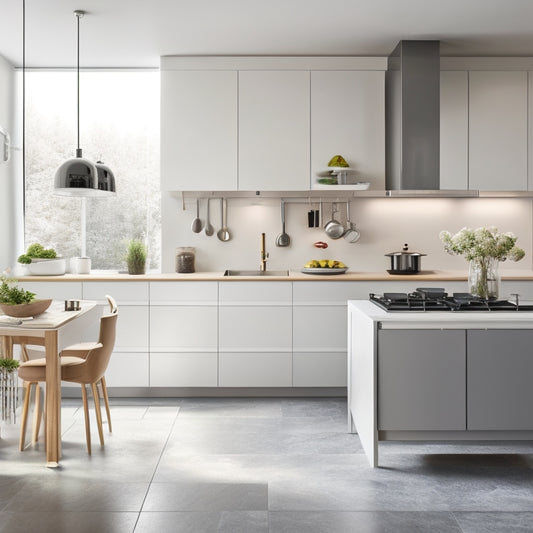 A serene, minimalist kitchen featuring a compact island with built-in shelving, a retractable cooking utensil holder, a slide-out trash can, and a hanging pot rack above, surrounded by sleek, modern appliances.