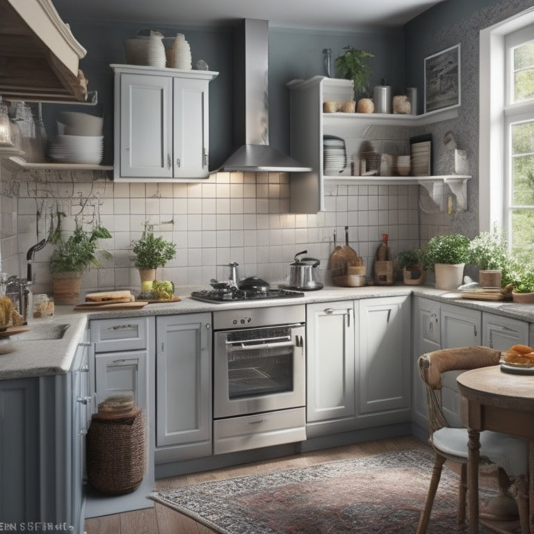 An L-shaped kitchen with a narrow corner, featuring a busy, cluttered countertop, a sink, and a stove, with a subtle hint of frustration conveyed through messy utensils and open cabinets.