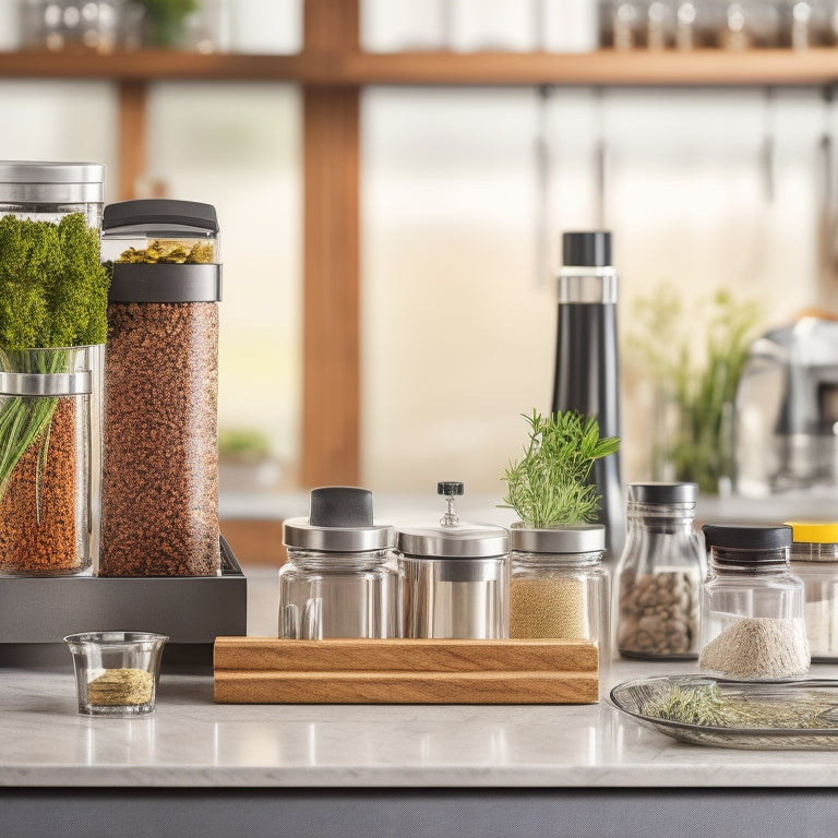 A tidy kitchen countertop with a few sleek, modern spice rack organizers in the background, holding various spice bottles with labels, surrounded by a few fresh herbs and a stainless steel kitchen utensil.