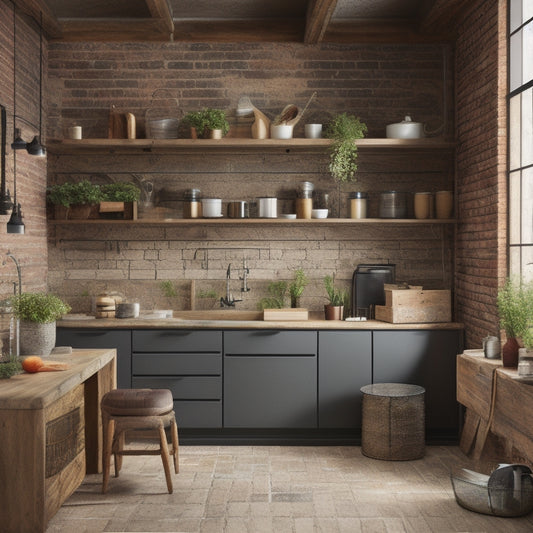 A modern kitchen with exposed brick walls, featuring a mix of floating shelves in various lengths, rustic wooden crates, and industrial metal pipes, showcasing creative storage solutions and a clutter-free atmosphere.