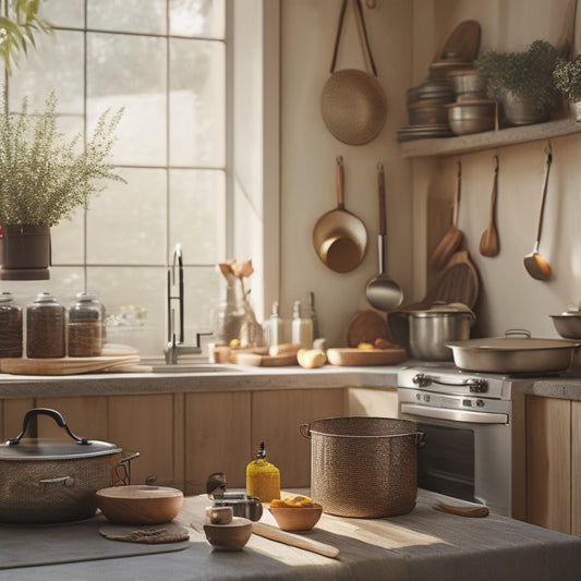 A cozy kitchen scene featuring various affordable foldable kitchen racks made of bamboo and metal, showcasing pots, pans, and spices. Soft natural light streaming in, highlighting the organized and clutter-free space.