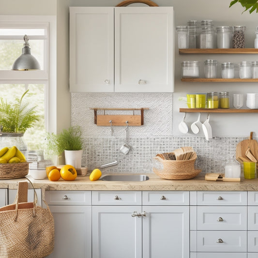 A bright, airy kitchen with a few strategically placed items: a utensil organizer on the counter, a tidy spice rack on the wall, and a trash can with a recycling symbol.